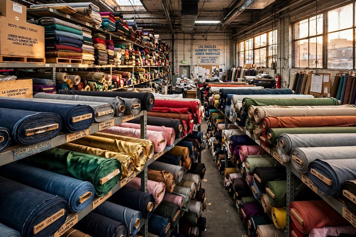 Rolls of deadstock fabric sourced from the Los Angeles Fashion District